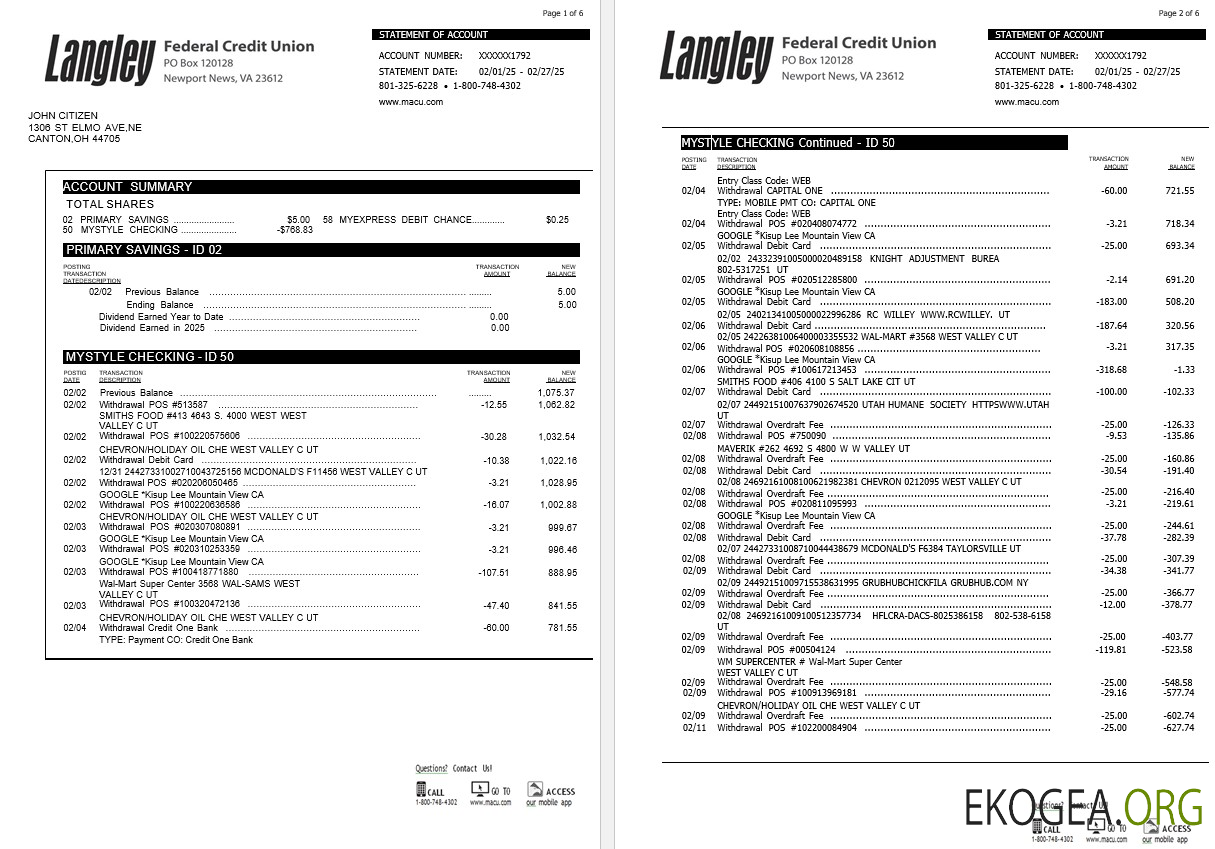 Relevé bancaire USA Langley Federal Credit Union, 6 pages
